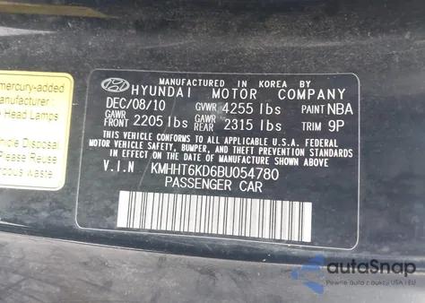 2011 Hyundai Genesis 2.0T Premium from USA, damaged, VIN KMHHT6KD6BU054780